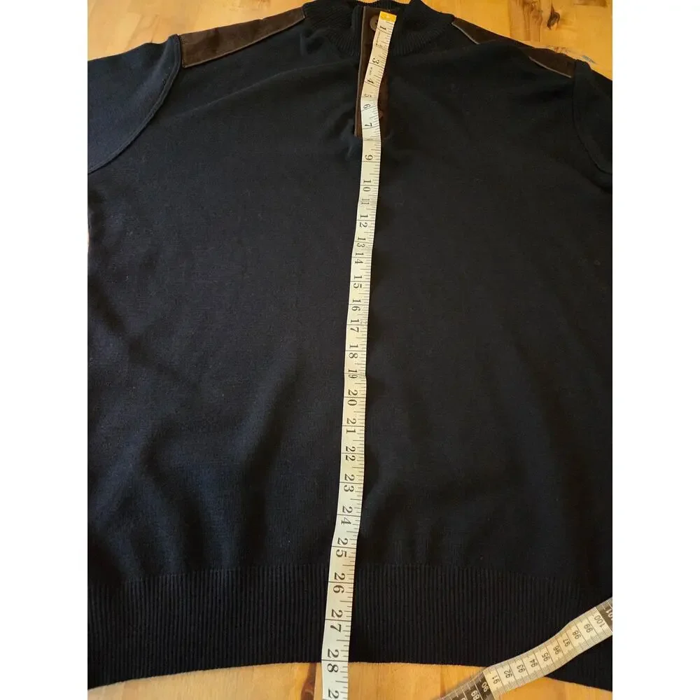 Luchiano Visconti Mens XL Italian Merino Wool Sweater Navy Mock Neck Suede Patch